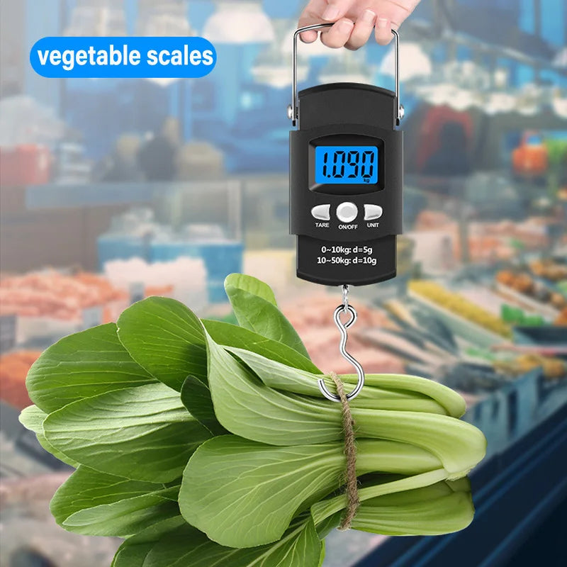Balança digital portátil lcd, 50kg/40kg, 10g, gancho eletrônico, suspensão, peso de bagagem com fita métrica retrátil de 100cm