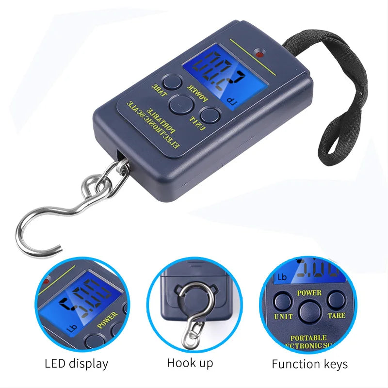 Balança digital portátil lcd, 50kg/40kg, 10g, gancho eletrônico, suspensão, peso de bagagem com fita métrica retrátil de 100cm