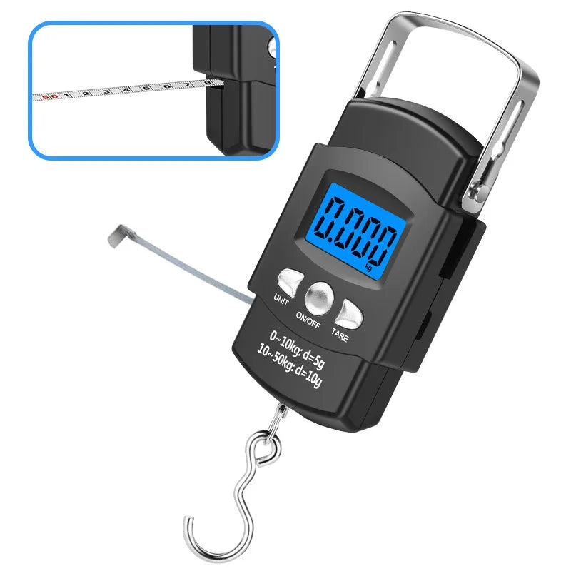 Balança digital portátil lcd, 50kg/40kg, 10g, gancho eletrônico, suspensão, peso de bagagem com fita métrica retrátil de 100cm