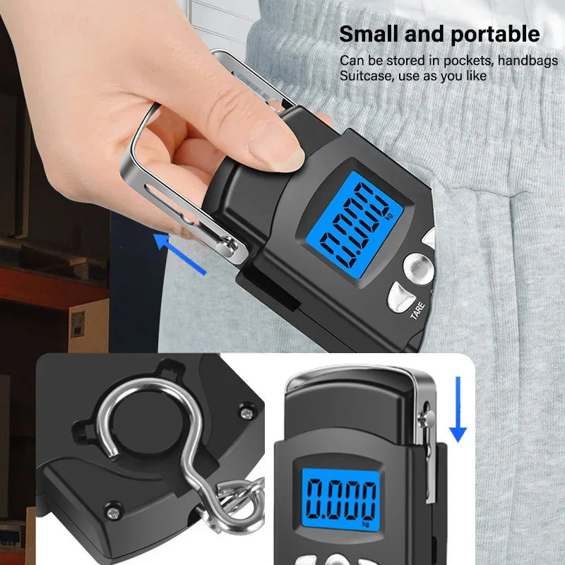 Balança digital portátil lcd, 50kg/40kg, 10g, gancho eletrônico, suspensão, peso de bagagem com fita métrica retrátil de 100cm