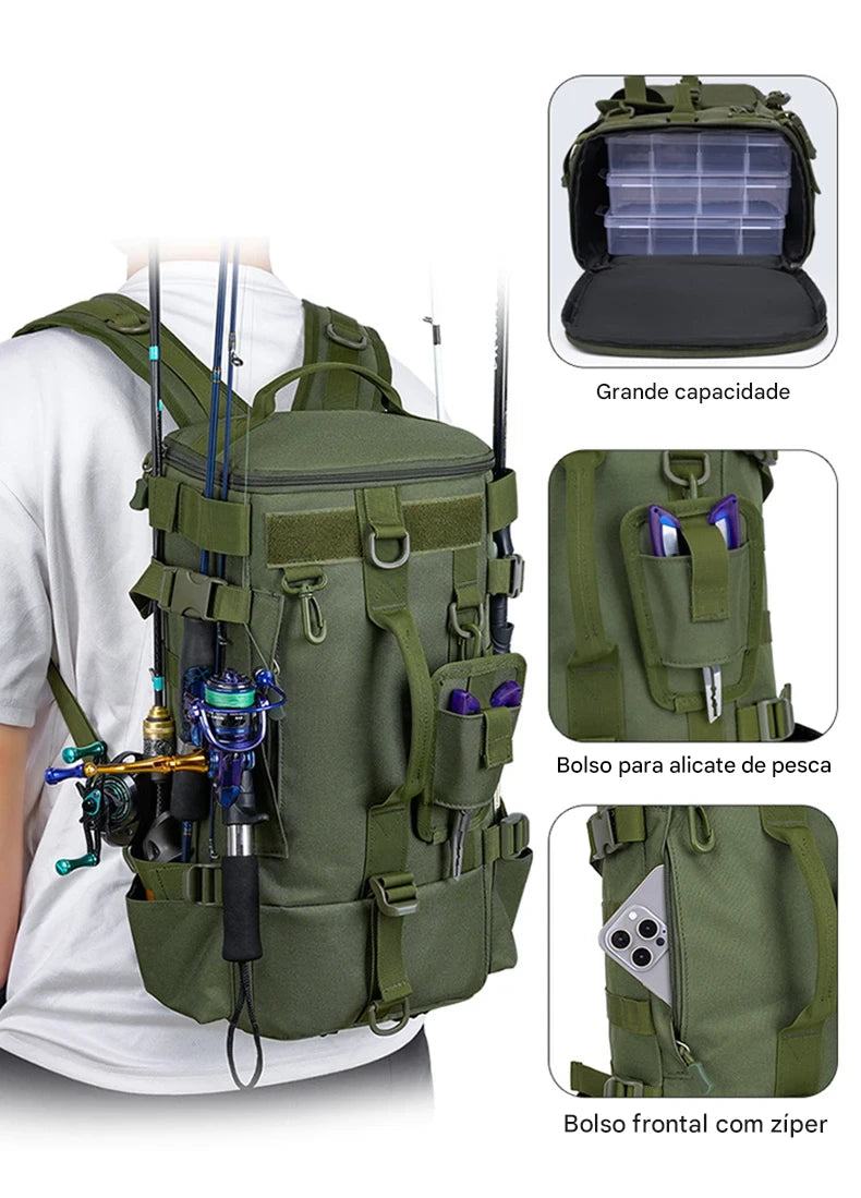 Mochila Tática de Pesca com Suporte para Haste e Armazenamento