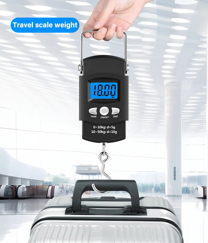 Balança digital portátil lcd, 50kg/40kg, 10g, gancho eletrônico, suspensão, peso de bagagem com fita métrica retrátil de 100cm